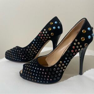 GIUSEPPE ZANOTTI Black Suede Cabochon-studded Open-toe Pumps Sz 6.5 36.5 $925